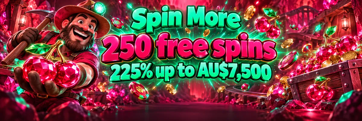 A jovial 3D cartoon miner launching glowing cherries and free-spin symbols through a dramatic pink and green cavern filled with particles.